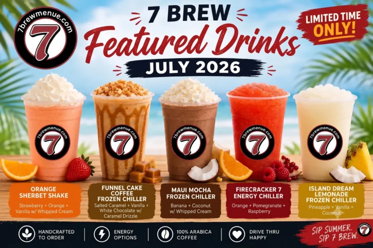 7 Brew Menu featured summer drinks 2026 showcasing the Orange Sherbet Shake, Funnel Cake Coffee Frozen Chiller, Maui Mocha Frozen Chiller, Firecracker 7 Energy Chiller, and Island Dream Lemonade Frozen Chiller against a vibrant tropical background.